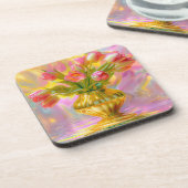 金鮮やかの花瓶のピンクのチューリップ コースター (左側)