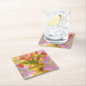 金鮮やかの花瓶のピンクのチューリップ スクエアペーパーコースター (インサイチュ)