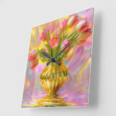 金鮮やかの花瓶のピンクのチューリップ スクエア壁時計 (傾斜)