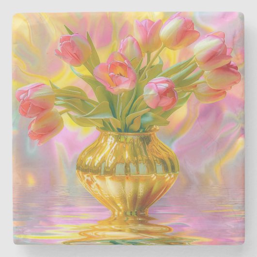 金鮮やかの花瓶のピンクのチューリップ ストーンコースター (正面)