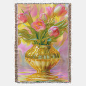 金鮮やかの花瓶のピンクのチューリップ スローブランケット (正面縦)