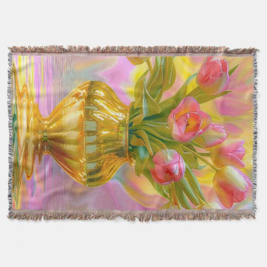 金鮮やかの花瓶のピンクのチューリップ スローブランケット (正面)