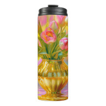 金鮮やかの花瓶のピンクのチューリップ