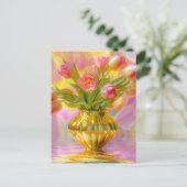 金鮮やかの花瓶のピンクのチューリップ ポストカード (スタンド正面)