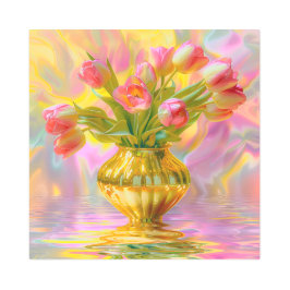 金鮮やかの花瓶のピンクのチューリップ メタルプリント