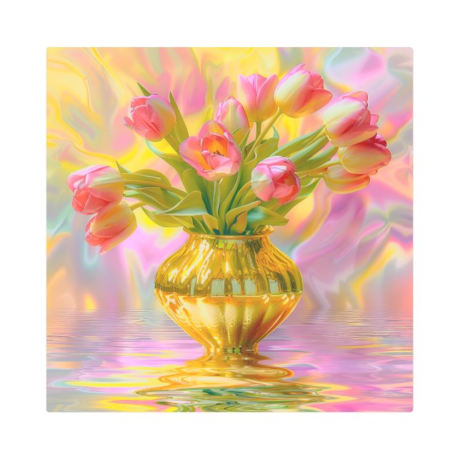 金鮮やかの花瓶のピンクのチューリップ メタルプリント (正面)