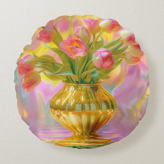 金鮮やかの花瓶のピンクのチューリップ ラウンドクッション (正面)