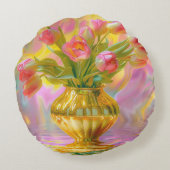 金鮮やかの花瓶のピンクのチューリップ ラウンドクッション (裏面)