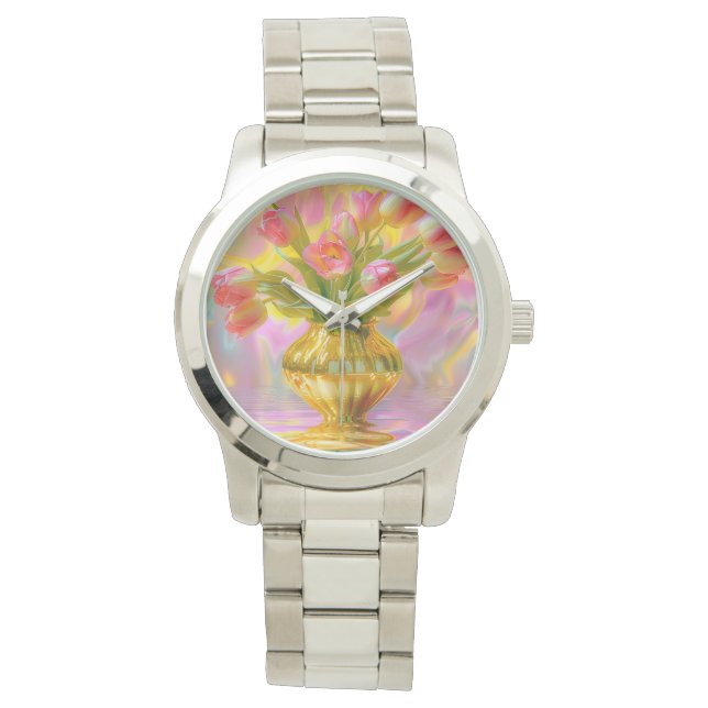 金鮮やかの花瓶のピンクのチューリップ 腕時計 (正面)