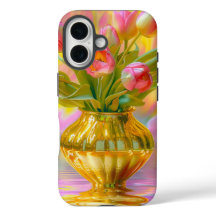 金鮮やかの花瓶のピンクのチューリップ