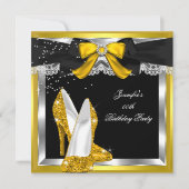 金黄色のラメがきらきら輝くシルバーのハイヒールで誕生日パーティー 招待状 (正面)