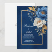 金 ネイビー ブルー 白 牡丹 花 モダン ウェディング 招待状 (正面/裏面)