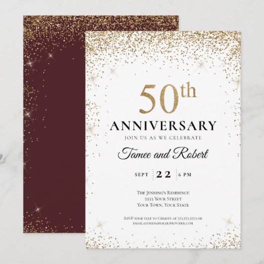 金 赤ワイン色 白 50周年記念結婚式 招待状 (正面/裏面)
