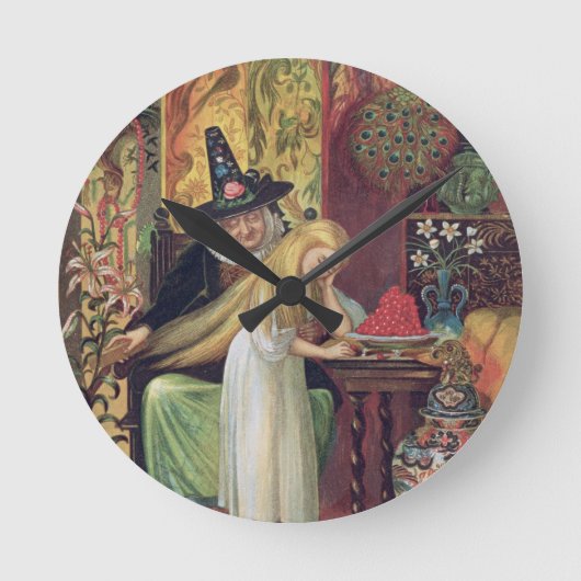 金cのゲルダの毛をとかしている古い魔法使い ラウンド壁時計 (正面)
