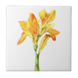 金Cannaの花の水彩画の絵画 タイル<br><div class="desc">これは金Canna (別名Canna Flaccida)の水彩画の絵画です。 それは花びらのオレンジ印が付いている黄色い花です。</div>