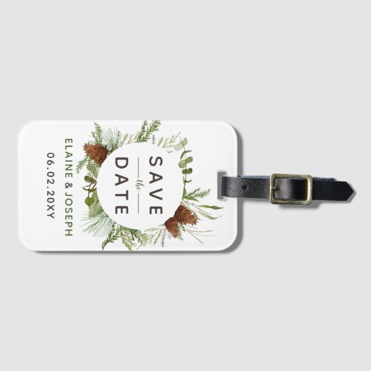 針葉樹素朴松コーン結婚式の日付を保存 ラゲッジタグ (正面横)