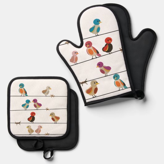針金の上の鳥たち 鍋つかみ&鍋敷きセット (正面/裏面)