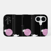 針金上の風変わりな風船ガムの鳥のパターン+名前 iPhone 16ケース (裏面横)