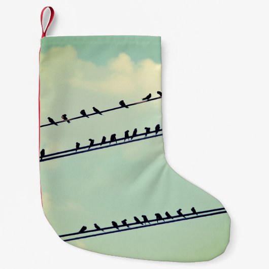 針金上の鳥、ヴィンテージ青空。 スモールクリスマスストッキング (正面)