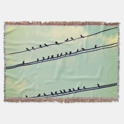 針金上の鳥、ヴィンテージ青空。 スローブランケット (正面)