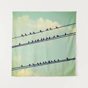 針金上の鳥、ヴィンテージ青空。 タペストリー