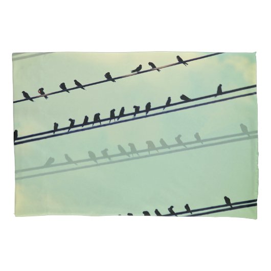 針金上の鳥、ヴィンテージ青空。 枕カバー (正面)