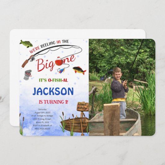 釣りが楽しめる 誕生日パーティー 写真 招待状 編集可能 (正面/裏面)