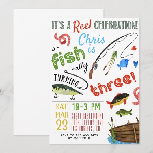 釣りで3歳の誕生日 招待状 (正面/裏面)