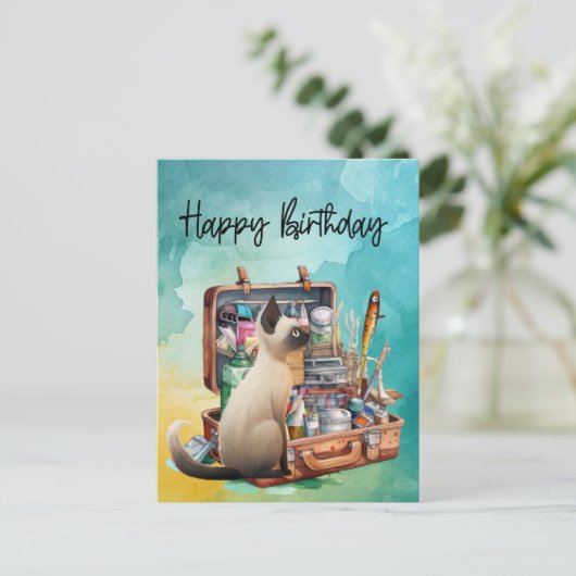 釣りと猫が大好きな人の誕生日 ポストカード (スタンド正面)