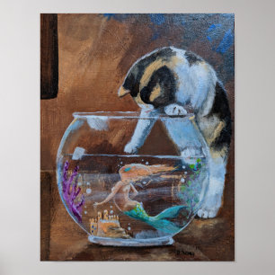 「釣りに行く」猫と人魚の幻想的 ポスター
