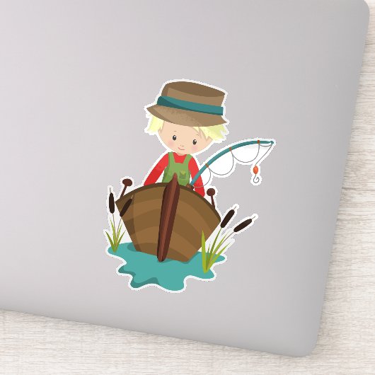 釣りの少年、漁師、釣り竿、金髪 シール (詳細)