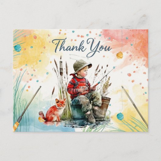 釣りの感謝カード（少年が釣りをしている絵） ポストカード (正面)