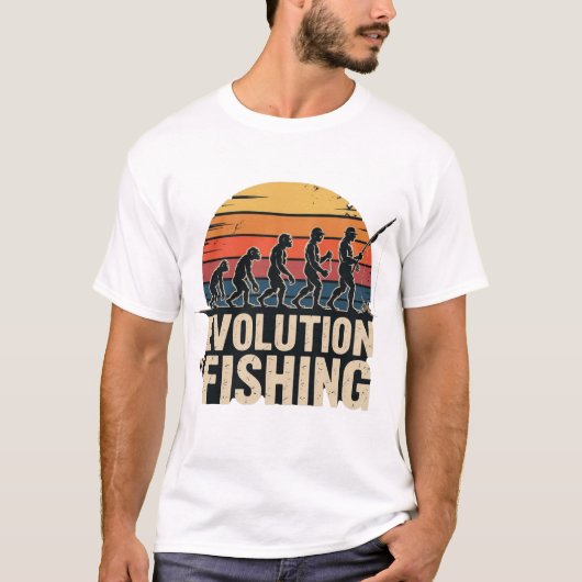 釣りの進化 - レトロな漁師の夕焼けTシャツ Tシャツ (正面)