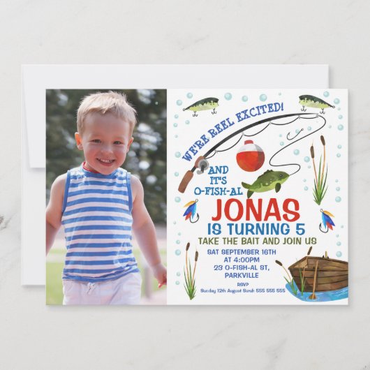 釣りへ行こう！または、釣りをテーマにした誕生日パーティーの招待状 招待状 (正面)