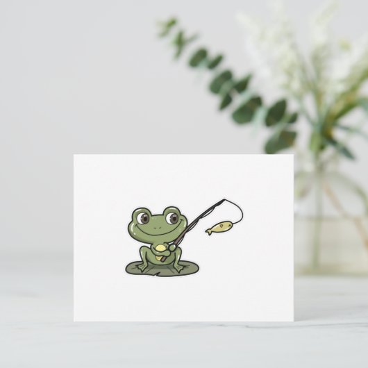 釣りをしているカエルと釣り竿 ポストカード (スタンド正面)