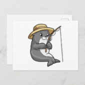 釣りをしているセーラー 帽子と釣り竿付き ポストカード (正面/裏面)