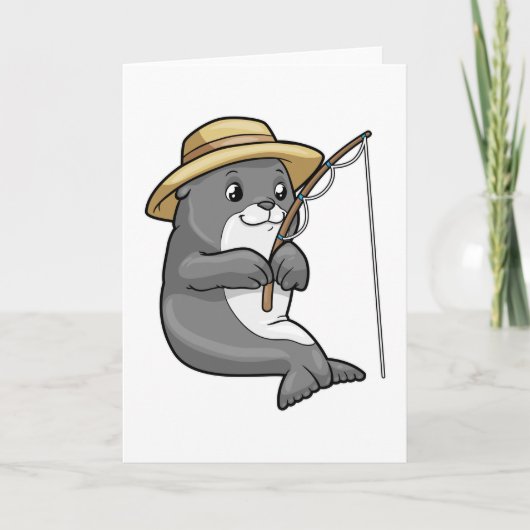 釣りをしている帽子と釣り竿のついたアザラシ カード (正面)