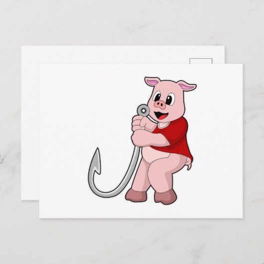 釣りをしている豚と魚のフック ポストカード (正面/裏面)