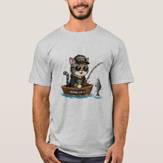 釣りをする猫 フィッシュローバー かわいい猫のイラスト ボートで釣り Tシャツ