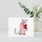 釣りを楽しむ豚と魚のフック ポストカード (スタンド正面)