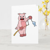 釣りを楽しむ豚 フィッシングロッドと魚 カード (黄色い花)