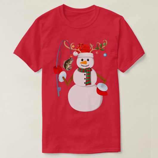 釣りスノーマン Xmas ライト 釣り 漁師 クリスマス Tシャツ (デザイン正面)
