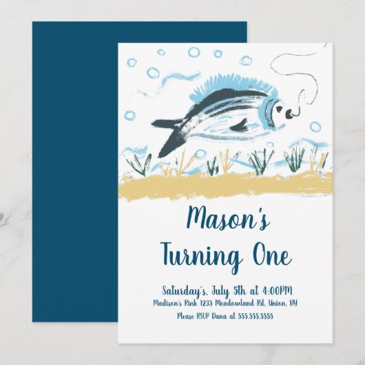 釣りバイトパーティー1歳の誕生日 海の魚 招待状 (正面/裏面)