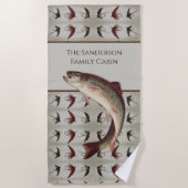 釣り人が飛ぶニジマス素朴 ビーチタオル (正面)