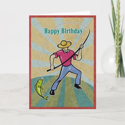 釣り人が魚を釣る魚釣り棒ヴィンテージ カード (正面)