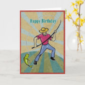 釣り人が魚を釣る魚釣り棒ヴィンテージ カード (黄色い花)