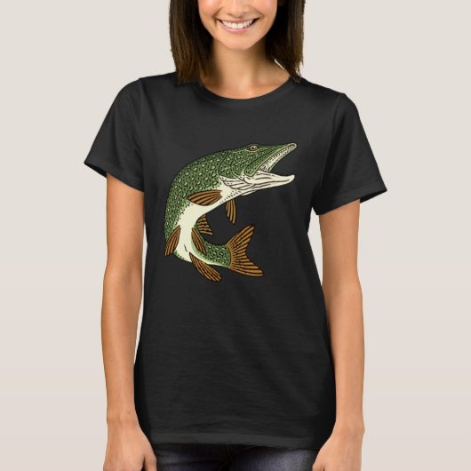 釣り人と釣り人のための捕食魚の魚釣りパイクモチーフ Tシャツ (正面)