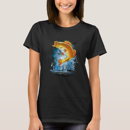 釣り人に向かって水から飛び出すパーチの魚 Tシャツ (正面)