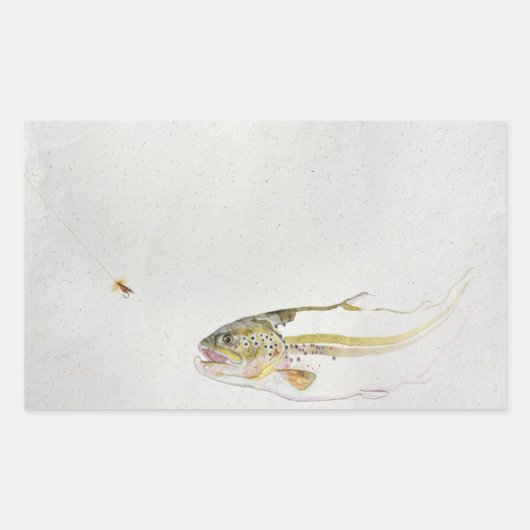 釣り人のフライを追いかけるマス 長方形シール (正面)