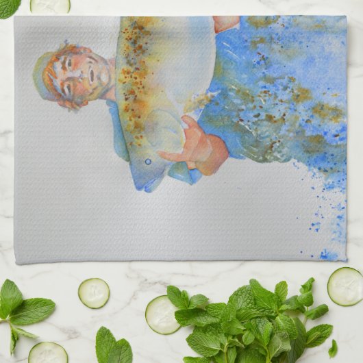 釣り人の水の色絵画の魚釣りギフト彼 キッチンタオル (折り畳み)